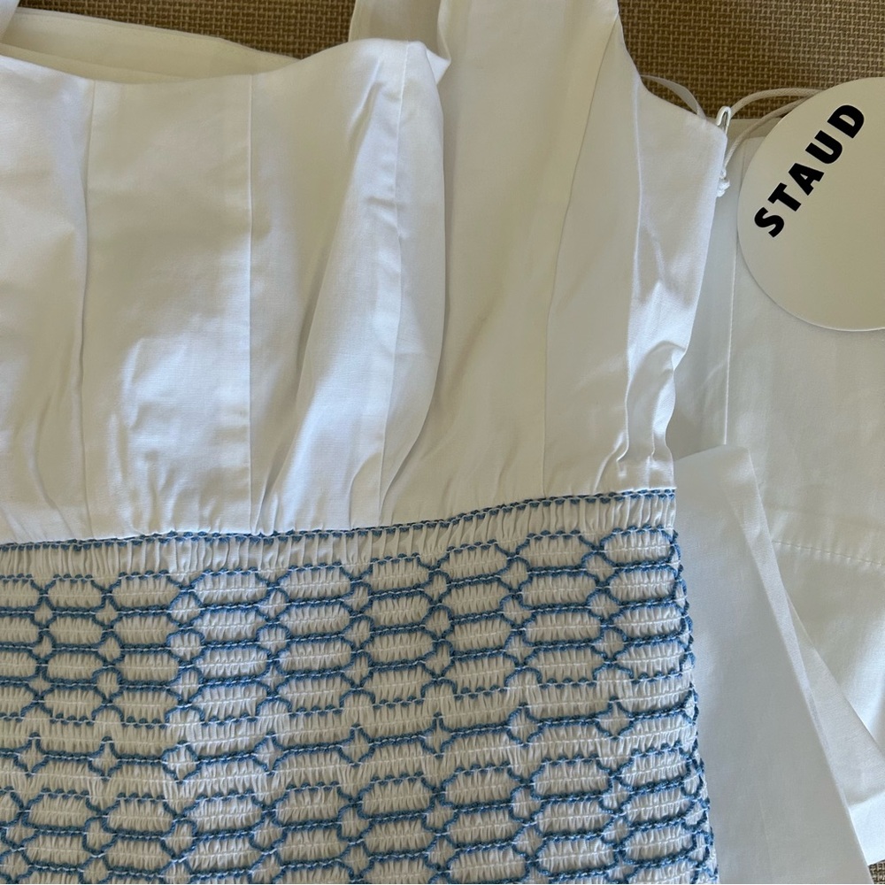 NWT STAUD Rig Embroidered Midi Dress - White Blue Cotton Cocktail - Picture 7 of 10